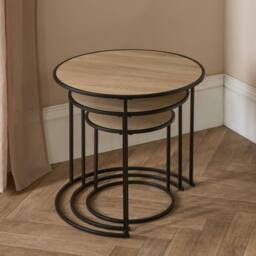 OHS Manhattan Round Nesting Side Coffee Table with Metal Frame in Light Oak - thumbnail 3