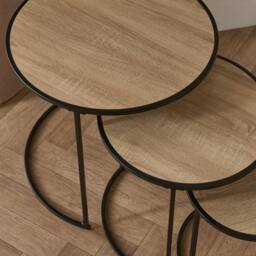 OHS Manhattan Round Nesting Side Coffee Table with Metal Frame in Light Oak - thumbnail 2