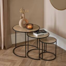 OHS Manhattan Round Nesting Side Coffee Table with Metal Frame in Light Oak - thumbnail 1