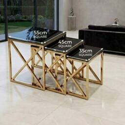 HOME LUXE INTERIOR Aida Black Marble & Gold Nesting Tables - Set of 3 Square Side Tables - thumbnail 5