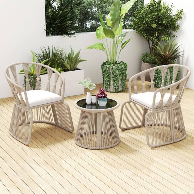 Costway Set of 3 Rope-Woven Armchairs & Table Patio Chair Set W/Glass Tabletop - image 1
