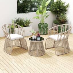 Costway Set of 3 Rope-Woven Armchairs & Table Patio Chair Set W/Glass Tabletop