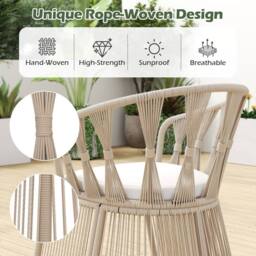 Costway Set of 3 Rope-Woven Armchairs & Table Patio Chair Set W/Glass Tabletop - thumbnail 5