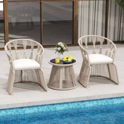 Costway Set of 3 Rope-Woven Armchairs & Table Patio Chair Set W/Glass Tabletop - thumbnail 6