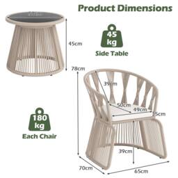 Costway Set of 3 Rope-Woven Armchairs & Table Patio Chair Set W/Glass Tabletop - thumbnail 2