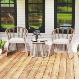 Costway Set of 3 Rope-Woven Armchairs & Table Patio Chair Set W/Glass Tabletop - thumbnail 9