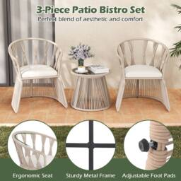 Costway Set of 3 Rope-Woven Armchairs & Table Patio Chair Set W/Glass Tabletop - thumbnail 4