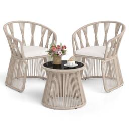 Costway Set of 3 Rope-Woven Armchairs & Table Patio Chair Set W/Glass Tabletop - thumbnail 8