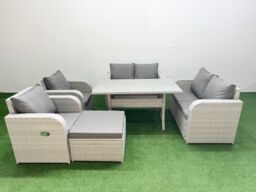 Fimous 7 Seater Outdoor Reclining Chair Love Sofa Set Rattan Garden Furniture Set with Rectangular Dining Table Footstool Light Grey - thumbnail 1