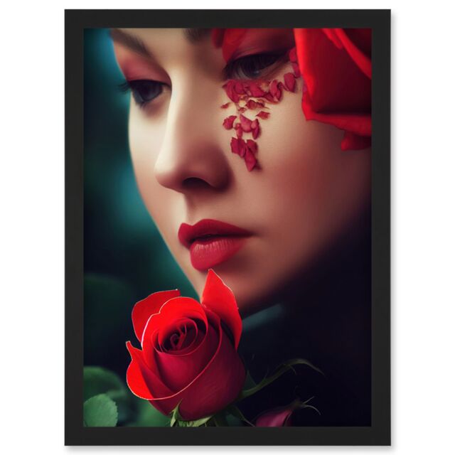 Artery8 Portrait Of Melancholic Woman With Red Roses Painting Artwork Framed Wall Art Print A4 in Black - image 1