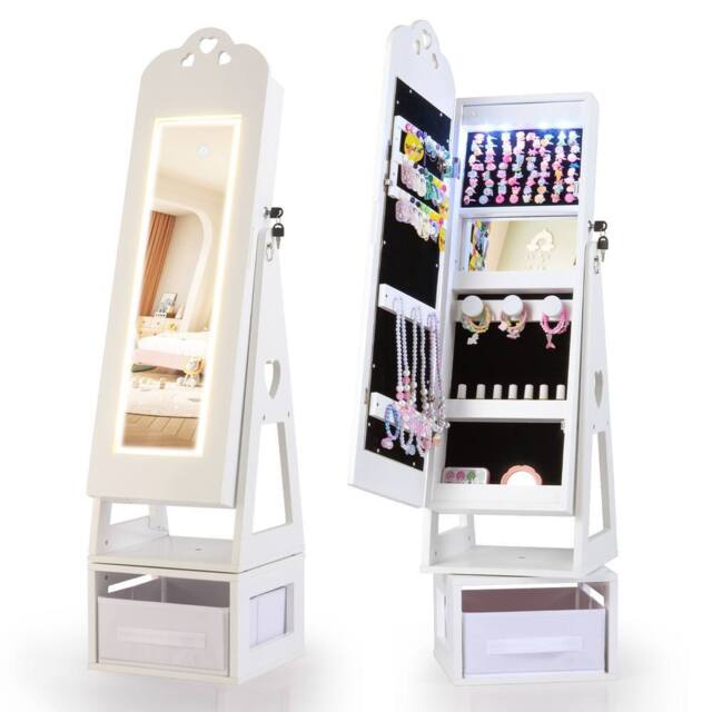 Costway Kids Jewelry Armoire Cabinet 360° Swivel Jewelry Organizer w/ Mirror in White - image 1