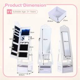 Costway Kids Jewelry Armoire Cabinet 360° Swivel Jewelry Organizer w/ Mirror in White - thumbnail 2