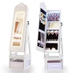 Costway Kids Jewelry Armoire Cabinet 360° Swivel Jewelry Organizer w/ Mirror in White - thumbnail 1
