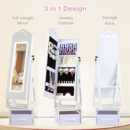 Costway Kids Jewelry Armoire Cabinet 360° Swivel Jewelry Organizer w/ Mirror in White - thumbnail 4