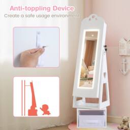 Costway Kids Jewelry Armoire Cabinet 360° Swivel Jewelry Organizer w/ Mirror in White - thumbnail 8