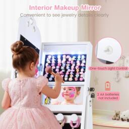 Costway Kids Jewelry Armoire Cabinet 360° Swivel Jewelry Organizer w/ Mirror in White - thumbnail 9