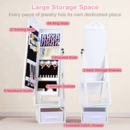 Costway Kids Jewelry Armoire Cabinet 360° Swivel Jewelry Organizer w/ Mirror in White - thumbnail 6