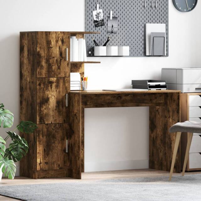 Berkfield Home Desk with Storage Smoked Oak Engineered Wood in Brown - image 1