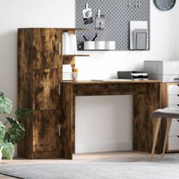 Berkfield Home Desk with Storage Smoked Oak Engineered Wood in Brown - thumbnail 1