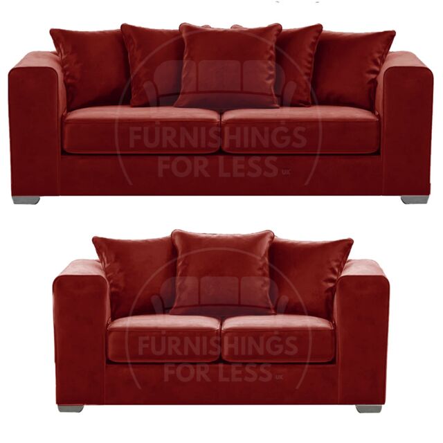 Furnishings For Less UK Ella Boxed Arm Plush Velvet Fabric Sofa Set 3 & 2 Seater sofa Red - image 1