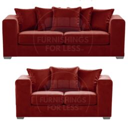 Furnishings For Less UK Ella Boxed Arm Plush Velvet Fabric Sofa Set 3 & 2 Seater sofa Red - thumbnail 1
