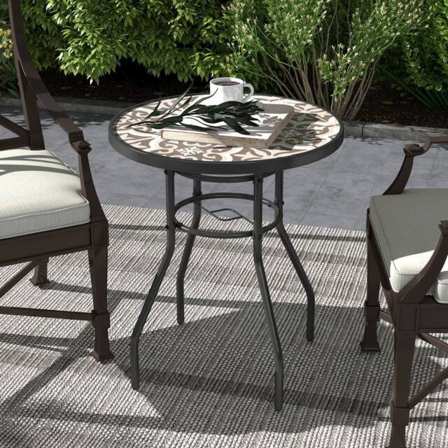 OUTSUNNY Garden Table with Glass Printed Design for Outdoor in Tan - image 1