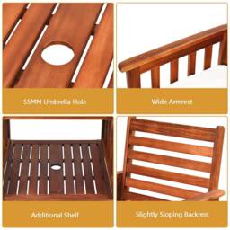 Gymax 3 PCS Acacia Coffee Table Chairs Set Loveseat Set With Umbrella Hole in Brown - thumbnail 4