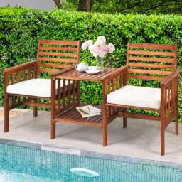 Gymax 3 PCS Acacia Coffee Table Chairs Set Loveseat Set With Umbrella Hole in Brown - thumbnail 7