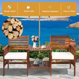 Gymax 3 PCS Acacia Coffee Table Chairs Set Loveseat Set With Umbrella Hole in Brown - thumbnail 5