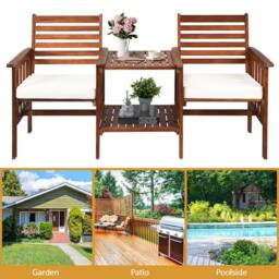 Gymax 3 PCS Acacia Coffee Table Chairs Set Loveseat Set With Umbrella Hole in Brown - thumbnail 3