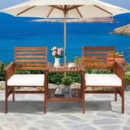 Gymax 3 PCS Acacia Coffee Table Chairs Set Loveseat Set With Umbrella Hole in Brown - thumbnail 6