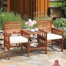 Gymax 3 PCS Acacia Coffee Table Chairs Set Loveseat Set With Umbrella Hole in Brown - thumbnail 8