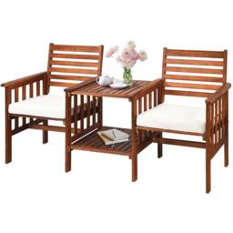 Gymax 3 PCS Acacia Coffee Table Chairs Set Loveseat Set With Umbrella Hole in Brown - thumbnail 1