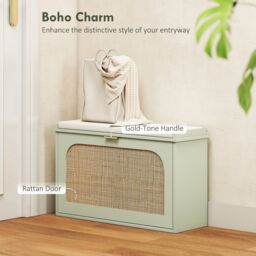 HOMCOM Boho Shoe Bench with Padded Seat & Flip-Drawer in Light Green - thumbnail 4