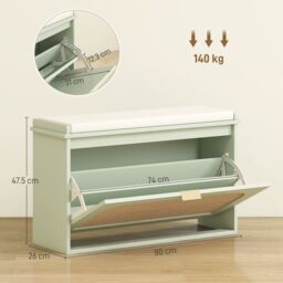 HOMCOM Boho Shoe Bench with Padded Seat & Flip-Drawer in Light Green - thumbnail 3