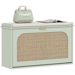 HOMCOM Boho Shoe Bench with Padded Seat & Flip-Drawer in Light Green - thumbnail 2