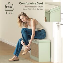 HOMCOM Boho Shoe Bench with Padded Seat & Flip-Drawer in Light Green - thumbnail 6