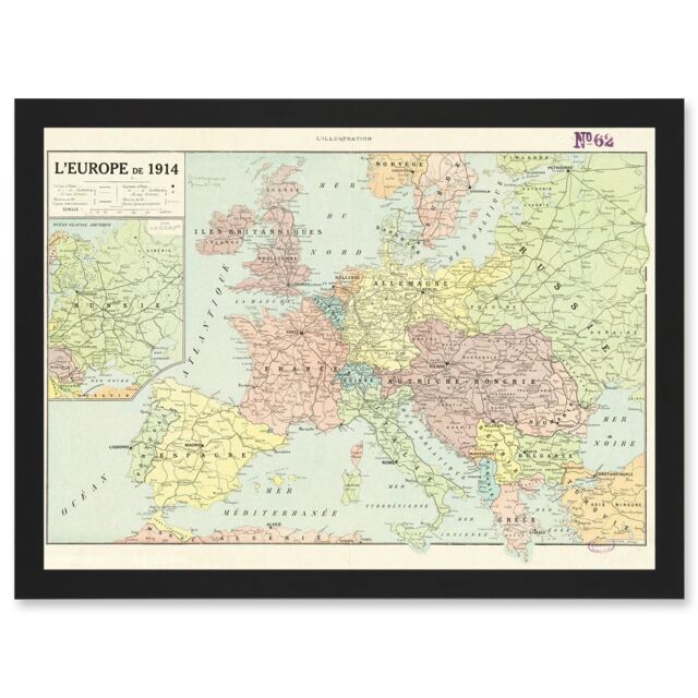 Artery8 Peltier 1914 Political Map Europe French Artwork Framed Wall Art Print A4 in Black - image 1