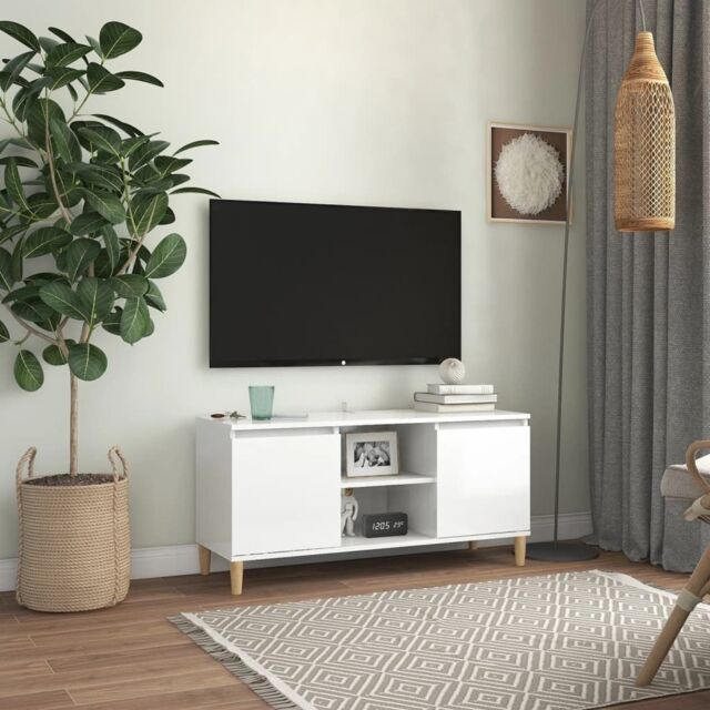 Berkfield Home TV Cabinet & Solid Wood Legs High Gloss White 103.5x35x50 cm - image 1