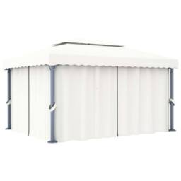 Berkfield Home Gazebo with Curtain&LED String Lights 4x3 m Cream White in Beige - thumbnail 3