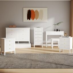 Melody Maison 6 Drawer Chest Of Drawers, Tall 5 Drawer Bedside Table, Pair Of 3 Drawer Bedside Tables & Dressing Table Set - Hales White Range - thumbnail 3