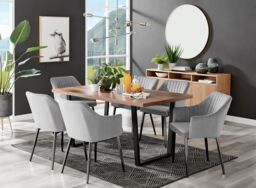 FurnitureboxUK Kylo Large Brown Wood Effect Dining Table & 6 Calla Black Leg Velvet Chairs in Grey
