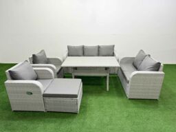 Fimous PE Rattan Garden Furniture Set Reclining Chair Sofa Double Love Seat 2 Seater Sofa Lounge Set Rectangular Dining Table Big Footstool Light Grey - thumbnail 2