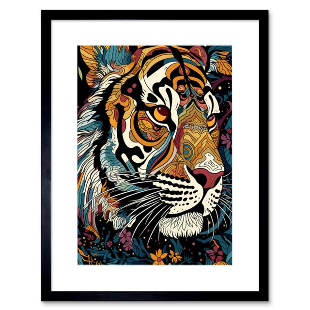 Artery8 Wall Art Print Tribal Bengal Tiger Spirit Animal Psychedelic Floral Painting Pastel Colour Patterns Flowers Artwork Framed 9X7 Inch - image 1