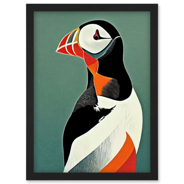 Artery8 Bright Bold Colourful Atlantic Puffin Bird Portrait Artwork Framed Wall Art Print A4 in Black - image 1