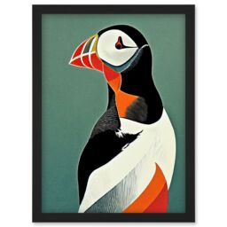 Artery8 Bright Bold Colourful Atlantic Puffin Bird Portrait Artwork Framed Wall Art Print A4 in Black - thumbnail 1