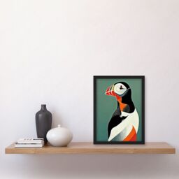 Artery8 Bright Bold Colourful Atlantic Puffin Bird Portrait Artwork Framed Wall Art Print A4 in Black - thumbnail 2