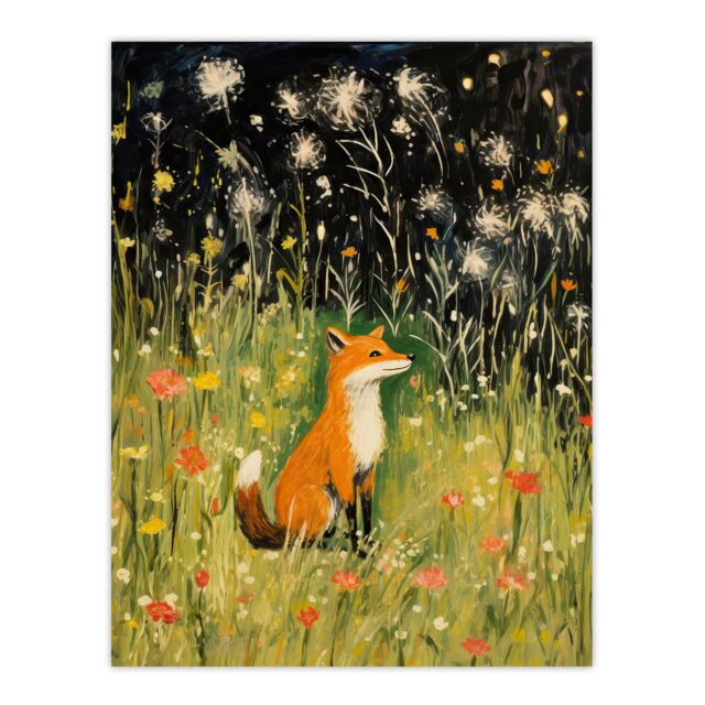 "Artery8 Fox In Wildflower Meadow Acrylic Painting Spring Evening Among Flowers Extra Large XL Unframed Wall Art Poster Print - Size: W24"" x H32""" - image 1