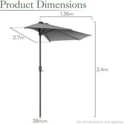 Christow 2.7m Half Parasol Garden Balcony Umbrella Steel Crank Handle UV Canopy in Grey - thumbnail 6