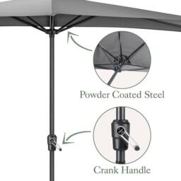 Christow 2.7m Half Parasol Garden Balcony Umbrella Steel Crank Handle UV Canopy in Grey - thumbnail 5